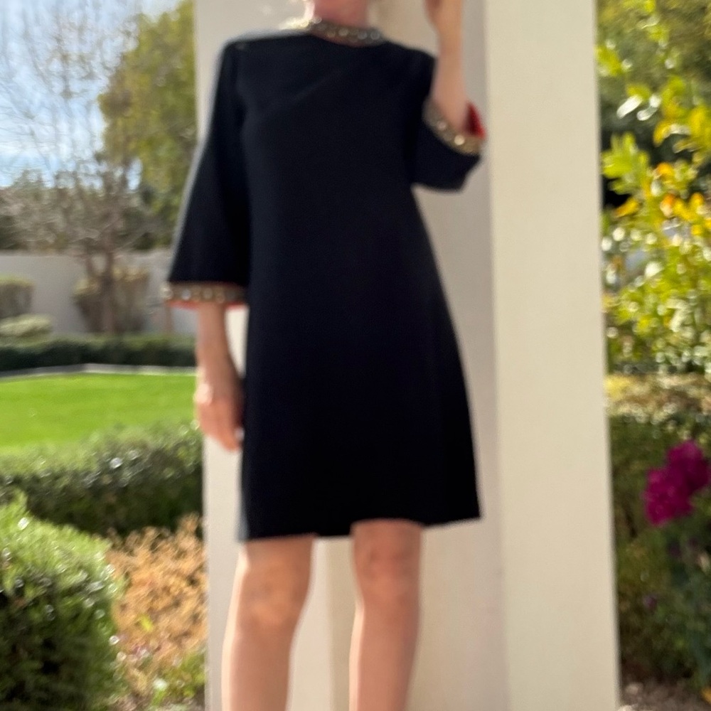 Vintage Black A-line Mini Dress with Bell Sleeves